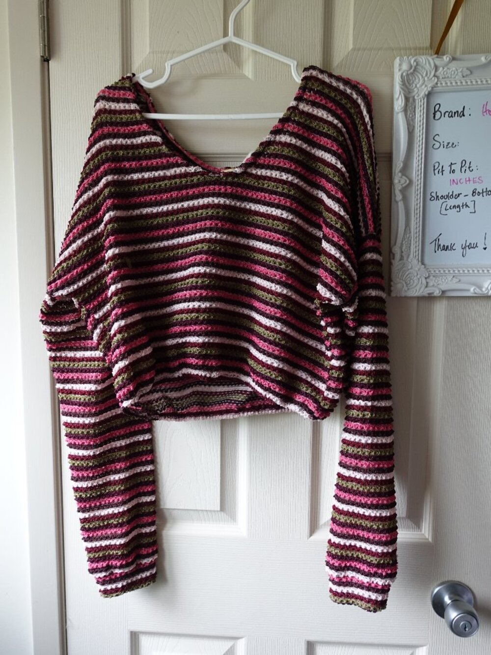 Striped Off-the-Shoulder Cropped Sweater in Pink, Olive & Cream